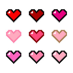 Pixel art pixelated heart shape red pink multiple colours © beanee