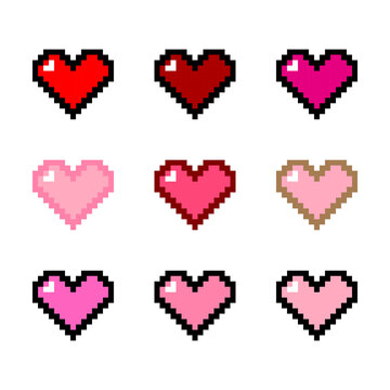 Pixel art pixelated heart shape red pink multiple colours