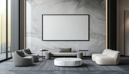 Hotel Waiting Area Interior Design Featuring Large Picture Frame, Gray Stone Wall, Gray Tone Furniture, White Marble Box Table, And Gray Striped Carpet.
