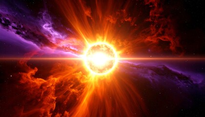 Obraz premium Brilliant cosmic star shines brightly amidst colorful nebulae in the depths of outer space, an awe-inspiring celestial display.