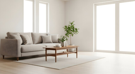 Interior Shows Couch with Pillows, Table with Plant and Cup, Minimalist Style