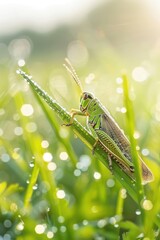 Small grasshopper on vibrant summer grass, surrounded by morning dew and natural tones, nature exploration theme.