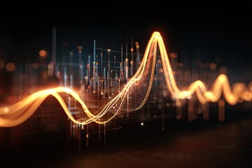 Abstract data visualization with glowing orange lines over a dark background.  Graph lines, city-like data points and digital information