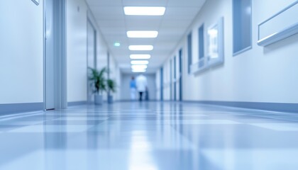 Blurred Clinic Or Hospital Room With Walking Doctors In Hallway, Office, Or Medical Institution. Soft Lighting For Interior Use.