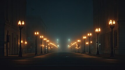 Foggy city street at night