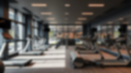 blurry gym scene, lots of gym equipment lined up neatly, modern theme without any people, bright light, blurry gym background.