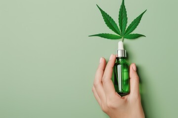 green packaging in hand and hemp leaf, cannabis, wellness and health concept with space for branding on neutral background