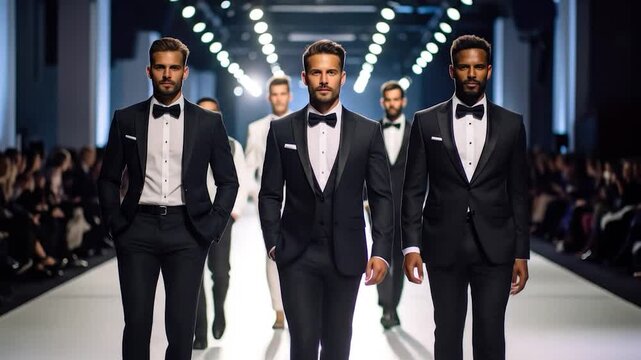 Men in tuxedos on a runway with lights