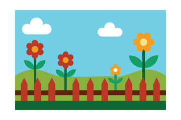 Flat Scene Of Field Fence And Stylized Flowers