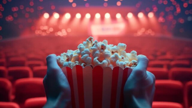 Cinema audience enjoying movie experience with popcorn container in foreground and blurred theater seats with red lighting atmosphere