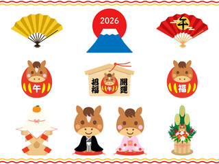 2026年午年の和風年賀状イラスト素材セット