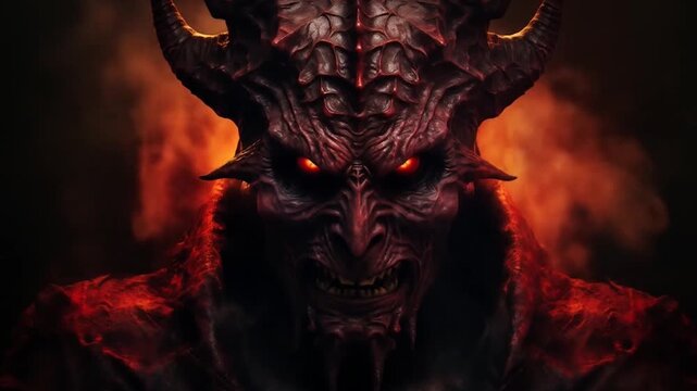 Demonic creature with horns and glowing eyes emerging from fiery hellish landscape with red atmospheric lighting
