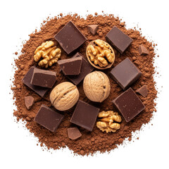 Chocolate pieces and walnuts on cocoa powder isolated on transparent background