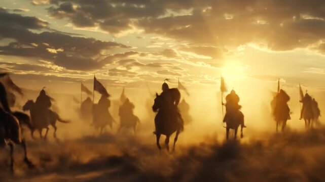 Mongol cavalry charge across vast steppes at golden hour showcasing empire expansion with mounted warriors galloping through dust clouds in epic  cinematic formation