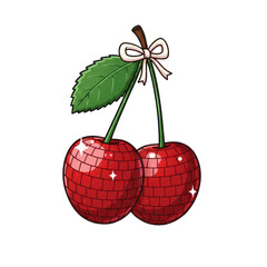 Two disco mirror ball cherries with bow and leaf in cartoon style, cut out