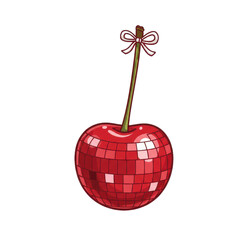 Single disco mirror ball cherry with bow in cartoon style, cut out