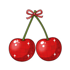 Two disco mirror ball cherries with bow in cartoon style, cut out