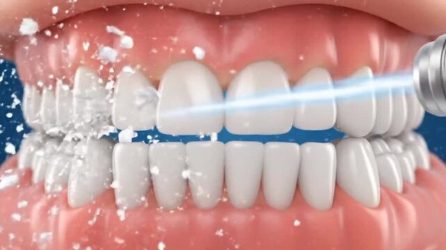 Water Flosser Close-Up Cleaning Teeth Surface and Gums with High-Pressure Water Burst.