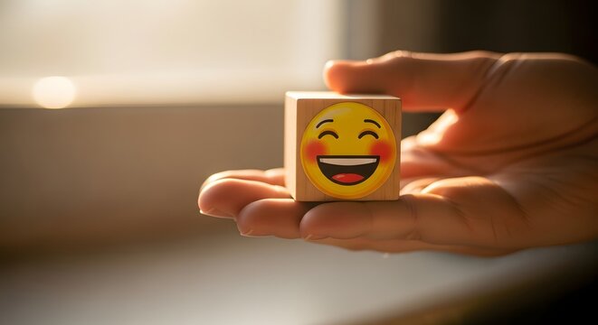 Smiling Emoji on Wooden Block Held in Hand