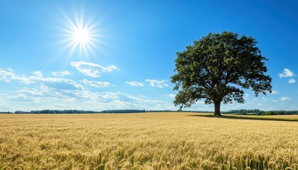 Fototapeta premium Lone Tree Silhouetted Against A Brilliant Blue Sky In A Sunlit Summer Landscape Of Barley Fields And Village Scenery