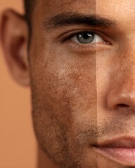 Obraz premium Comparison of a man's tanned face, which used to be shiny, turned into a healthy matte skin after using oil control products.