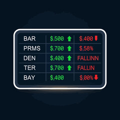 Stock market data display with rising and falling values on a dark background.