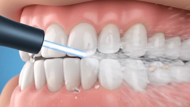 Water Flosser Close-Up Cleaning Teeth Surface and Gums with High-Pressure Water Burst.