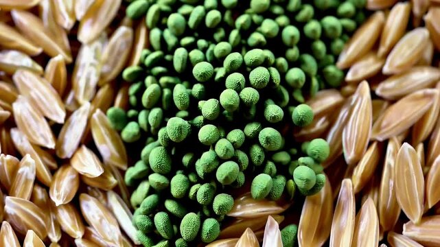macro close up of green trichoderma fungi growing on harvested rice grains showing beneficial biological soil treatment used for plant root protection and natural agricultural disease control