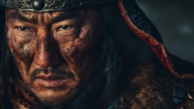 Weathered Mongol khan with battle scars and traditional steppe armor displaying fierce determination reflecting decades of conquest across vast Asian territories