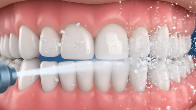 Water Flosser Close-Up Cleaning Teeth Surface and Gums with High-Pressure Water Burst.