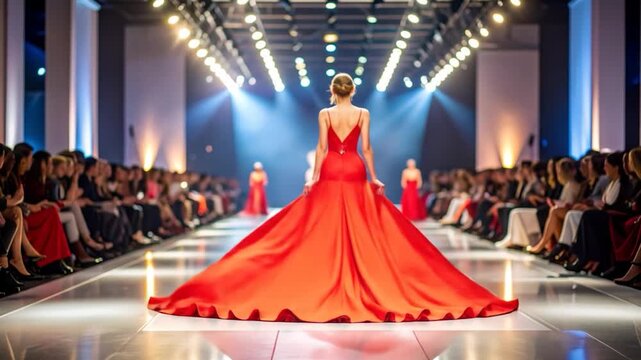 Red gown flowing behind model on runway