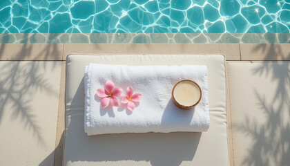 White towel with tropical flowers and wooden bowl on poolside lounger beside clear blue water in sunlight, relaxing summer spa and vacation concept for luxury resort lifestyle and peaceful retreat
