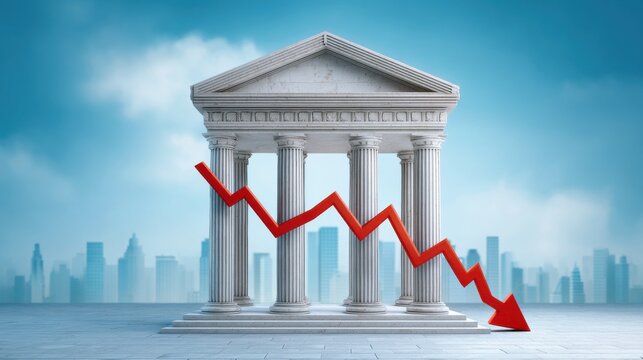 Financial Market Concepts in Times of Crisis. A classical bank building with columns is shown with a red declining arrow graph, symbolizing financial loss or economic downturn amid a city skyline.