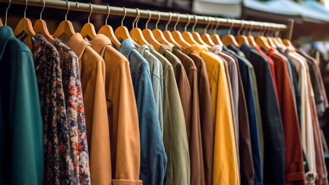 Row of shirts and jackets on a metal rack with wooden hangers, diverse colors and patterns