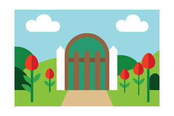 Cartoon Garden Gate Half Open Revealing Path Line