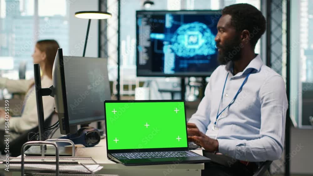 Poster startup office programmer using green screen laptop, developing artificial intelligence models for b