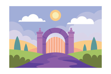 Fototapeta premium Cartoon Dreamy Landscape With Arched Gate And Soft Hills