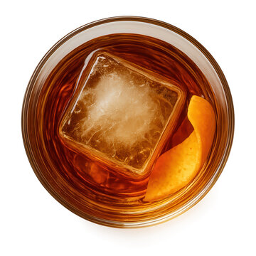 Top view photo‑realistic Old Fashioned in short rocks glass, rich amber bourbon with large clear ice cube and orange peel. Isolated PNG on transparent background for classic cocktail menus.
