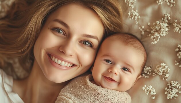 Maintaining Mental Health In Postpartum: Tips To Prevent Pregnancy And Postpartum Disorders, Baby Blues, And Depression For New Moms. Portrait Of A Happy Mother And Newborn Baby.