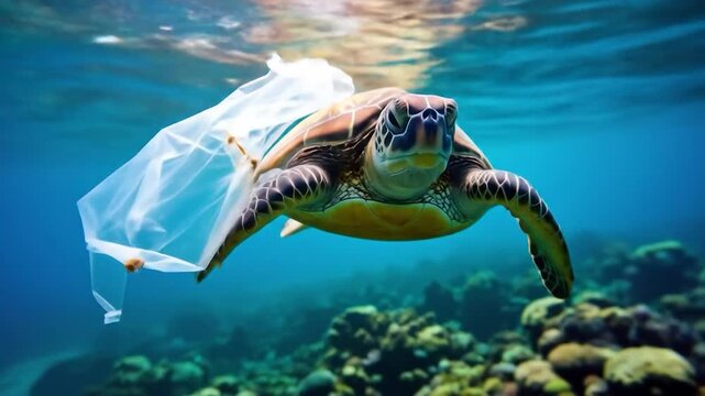 Sea turtle swimming underwater, entangled with a plastic bag