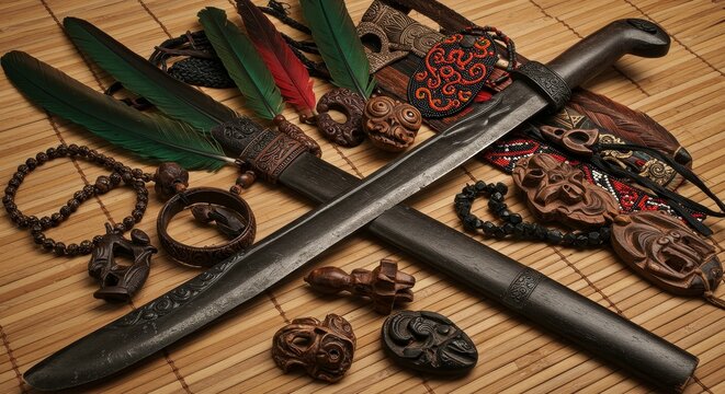 A Dayak Mandau sword and scabbard is laid on bamboo mats surrounded by feathers beads  carved ornaments