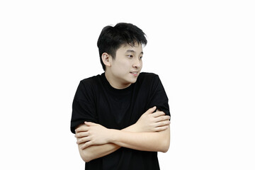young man posing shivering in isolated white background