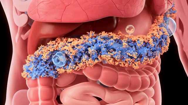 Detailed anatomical illustration of the human digestive system showing cellular structures and functions