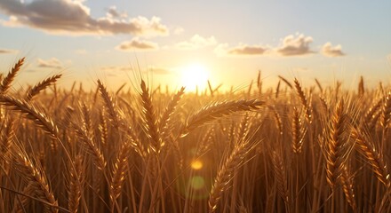 Close up view of golden wheat ears in a sunlit field during harvest season, showcasing nature's bounty