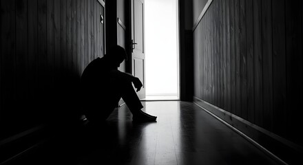 Silhouette of depressed man sitting head in hands on the walkway of residence building. Sad man, lonely and unhappy. Negative emotion and mental health concept. The impact of Economy crisis. dramatic.