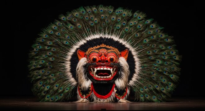Elaborate red mask with fangs  peacock feathers stands in darkness presenting striking cultural artifact