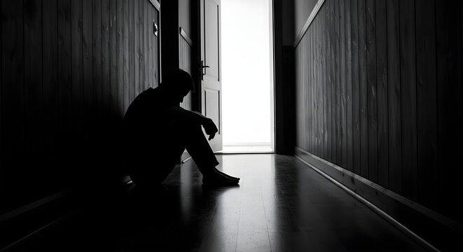 Silhouette of depressed man sitting head in hands on the walkway of residence building. Sad man, lonely and unhappy. Negative emotion and mental health concept. The impact of Economy crisis. dramatic.