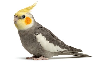 Yellow cockatiel bird with crest, isolated on white. Friendly expression and clean pose.