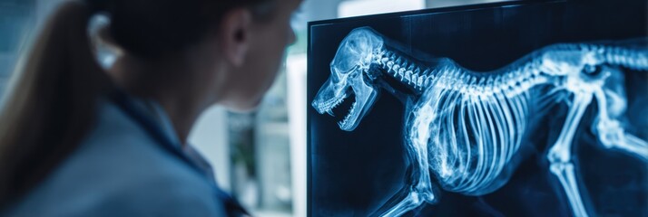 Dog Skeleton X-ray Displayed on Clinic Screen With Veterinarian Observing in a Professional Setting