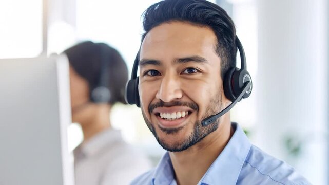 Smiling customer service agent with headset - Powered by Adobe